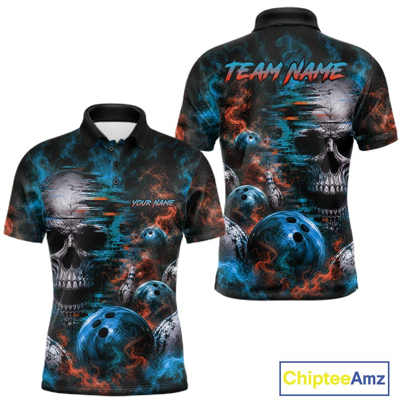 Custom Blue & Orange Smoke Skull Bowling Shirts For Men Retro Skull Bowling Tournament Shirt NYN4144