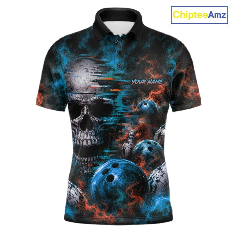 Custom Blue & Orange Smoke Skull Bowling Shirts For Men Retro Skull Bowling Tournament Shirt NYN4144