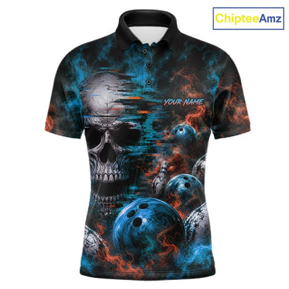 Custom Blue & Orange Smoke Skull Bowling Shirts For Men Retro Skull Bowling Tournament Shirt NYN4144