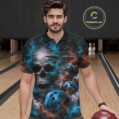 Custom Blue & Orange Smoke Skull Bowling Shirts For Men Retro Skull Bowling Tournament Shirt NYN4144