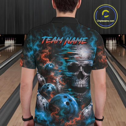 Custom Blue & Orange Smoke Skull Bowling Shirts For Men Retro Skull Bowling Tournament Shirt NYN4144