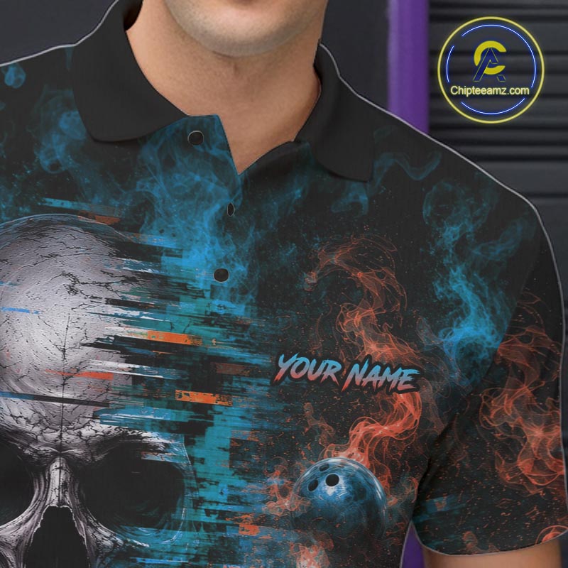 Custom Blue & Orange Smoke Skull Bowling Shirts For Men Retro Skull Bowling Tournament Shirt NYN4144