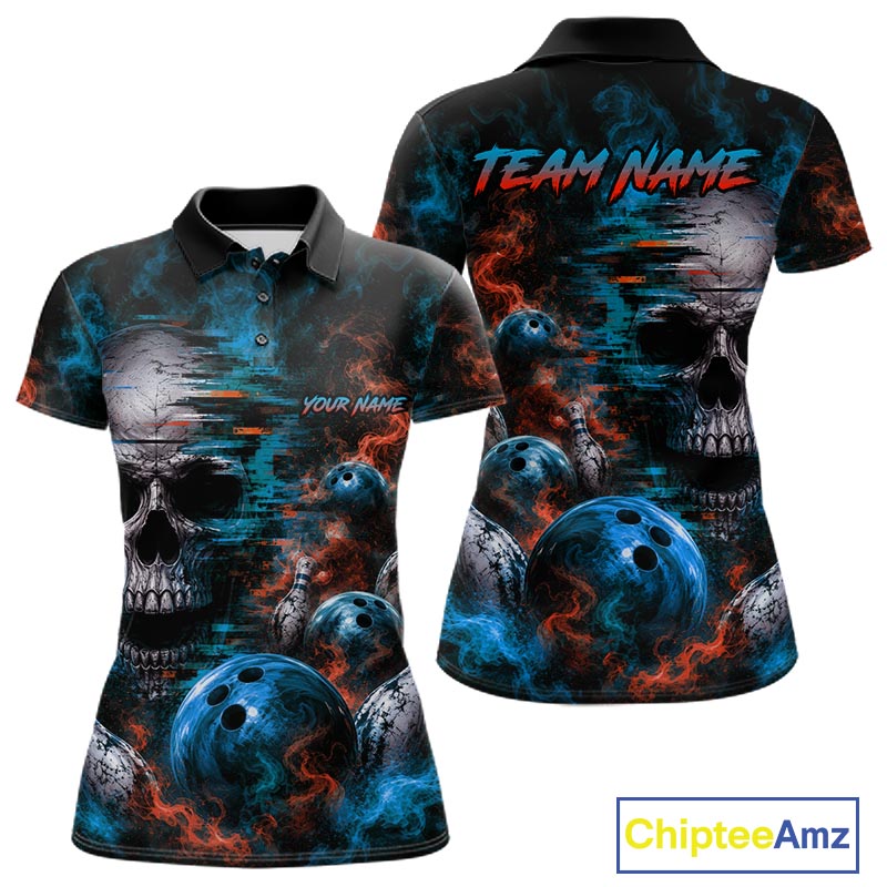 Custom Blue & Orange Smoke Skull Bowling Shirts For Women Retro Skull Bowling Tournament Shirt NYN4144