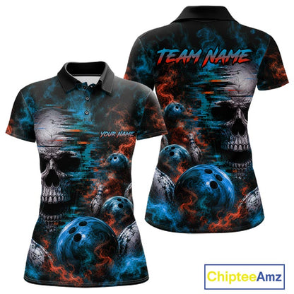 Custom Blue & Orange Smoke Skull Bowling Shirts For Women Retro Skull Bowling Tournament Shirt NYN4144