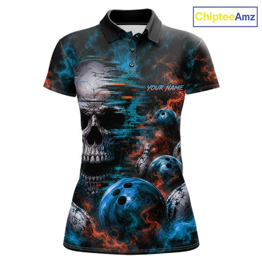 Custom Blue & Orange Smoke Skull Bowling Shirts For Women Retro Skull Bowling Tournament Shirt NYN4144