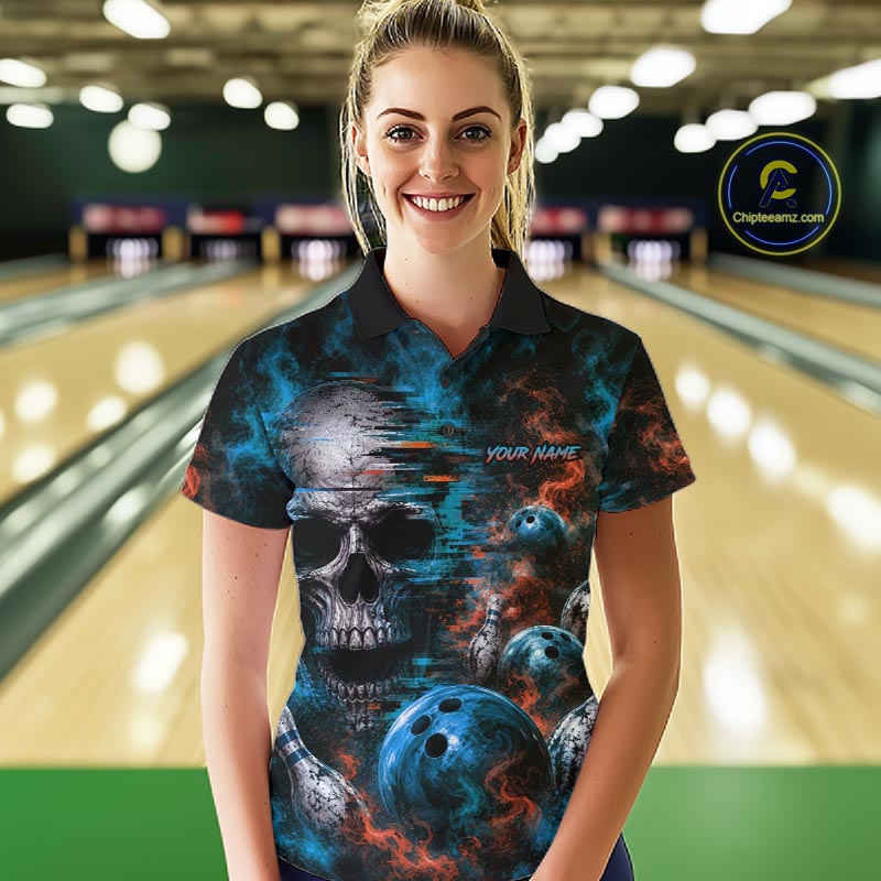 Custom Blue & Orange Smoke Skull Bowling Shirts For Women Retro Skull Bowling Tournament Shirt NYN4144