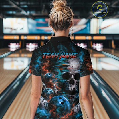 Custom Blue & Orange Smoke Skull Bowling Shirts For Women Retro Skull Bowling Tournament Shirt NYN4144