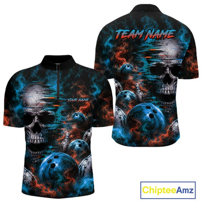 Custom Blue & Orange Smoke Skull Bowling Shirts For Men Retro Skull Bowling Tournament Shirt NYN4144