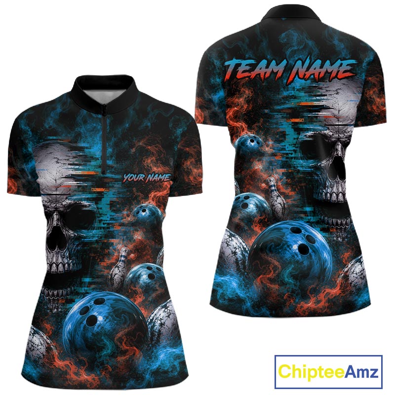 Custom Blue & Orange Smoke Skull Bowling Shirts For Women Retro Skull Bowling Tournament Shirt NYN4144