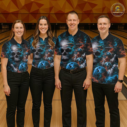 Custom Blue & Orange Smoke Skull Bowling Shirts For Women Retro Skull Bowling Tournament Shirt NYN4144