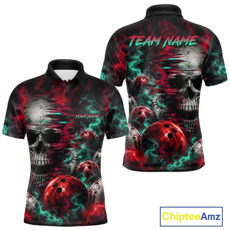 Custom Teal & Red Smoke Skull Bowling Shirts For Men Retro Skull Bowling Tournament Shirt NYN4145