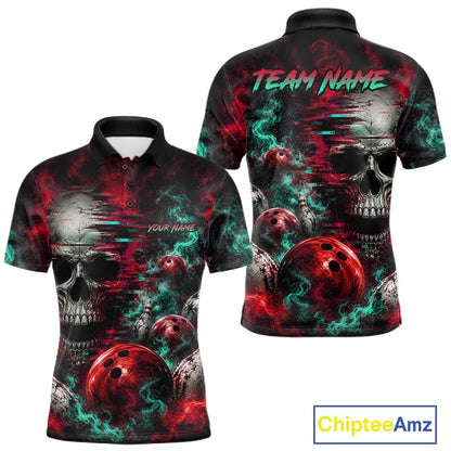 Custom Teal & Red Smoke Skull Bowling Shirts For Men Retro Skull Bowling Tournament Shirt NYN4145