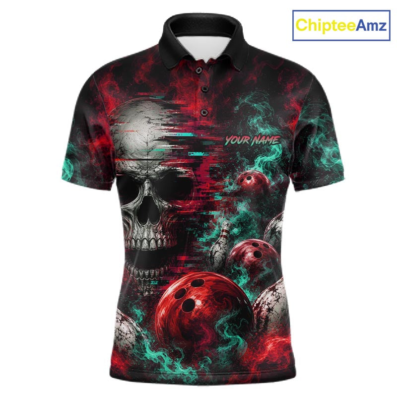 Custom Teal & Red Smoke Skull Bowling Shirts For Men Retro Skull Bowling Tournament Shirt NYN4145