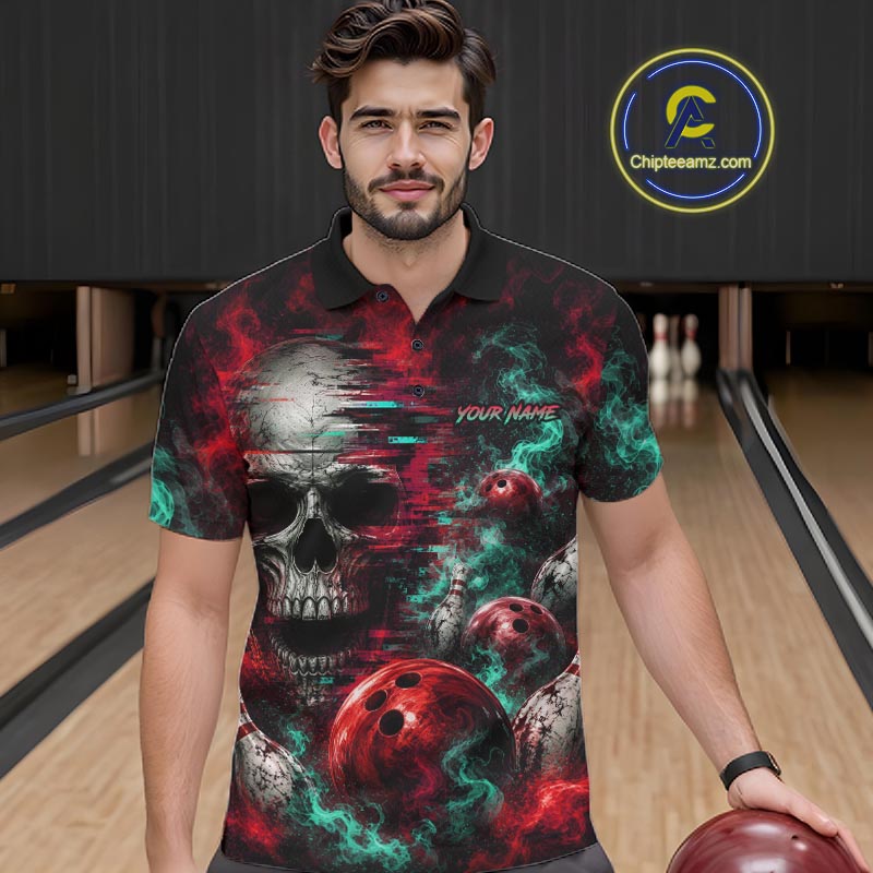 Custom Teal & Red Smoke Skull Bowling Shirts For Men Retro Skull Bowling Tournament Shirt NYN4145