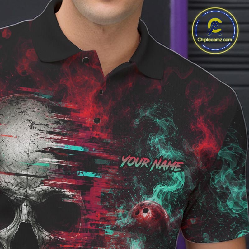 Custom Teal & Red Smoke Skull Bowling Shirts For Men Retro Skull Bowling Tournament Shirt NYN4145