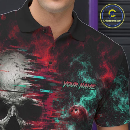 Custom Teal & Red Smoke Skull Bowling Shirts For Men Retro Skull Bowling Tournament Shirt NYN4145