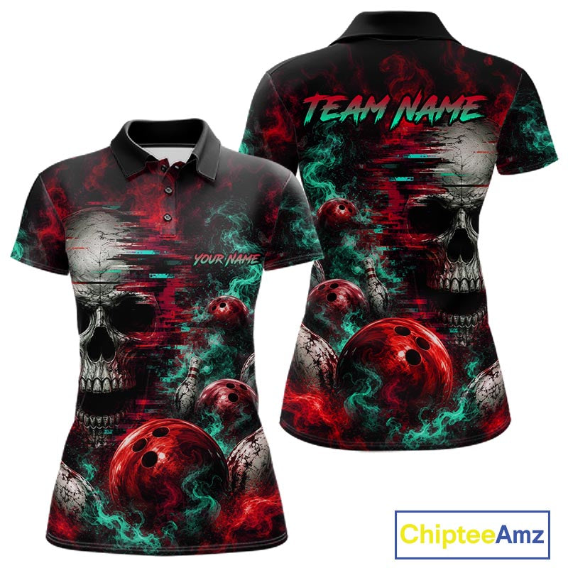 Custom Teal & Red Smoke Skull Bowling Shirts For Women Retro Skull Bowling Tournament Shirt NYN4145