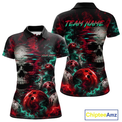 Custom Teal & Red Smoke Skull Bowling Shirts For Women Retro Skull Bowling Tournament Shirt NYN4145