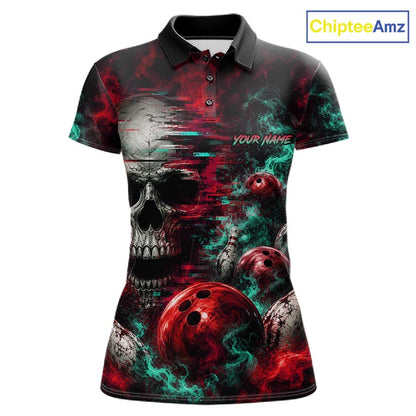 Custom Teal & Red Smoke Skull Bowling Shirts For Women Retro Skull Bowling Tournament Shirt NYN4145