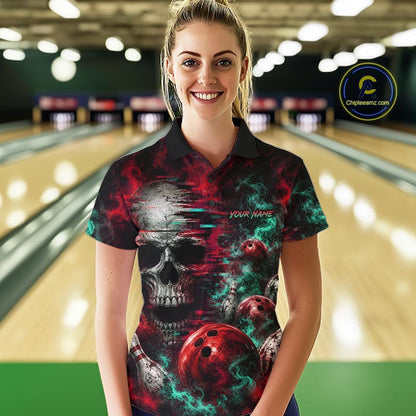 Custom Teal & Red Smoke Skull Bowling Shirts For Women Retro Skull Bowling Tournament Shirt NYN4145