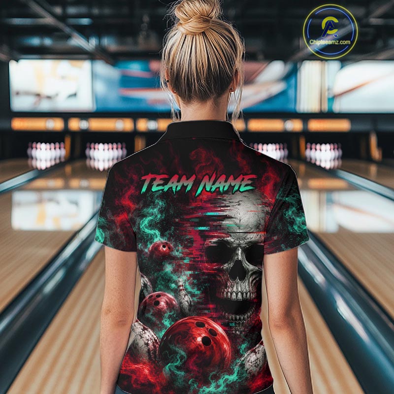 Custom Teal & Red Smoke Skull Bowling Shirts For Women Retro Skull Bowling Tournament Shirt NYN4145