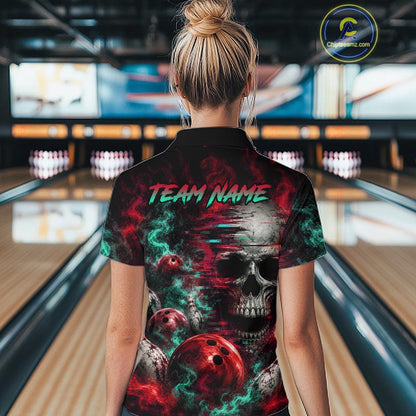 Custom Teal & Red Smoke Skull Bowling Shirts For Women Retro Skull Bowling Tournament Shirt NYN4145