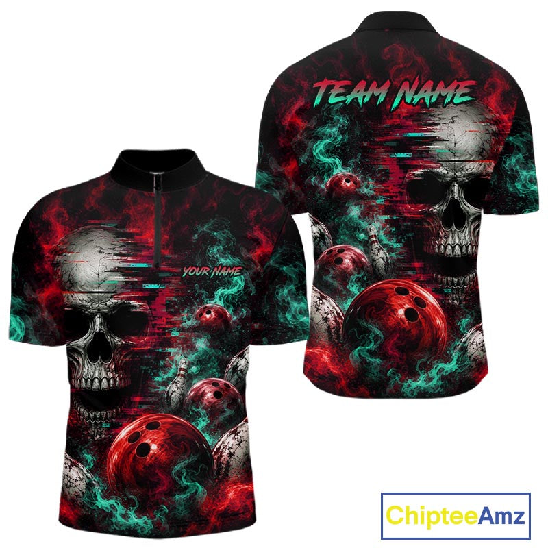 Custom Teal & Red Smoke Skull Bowling Shirts For Men Retro Skull Bowling Tournament Shirt NYN4145