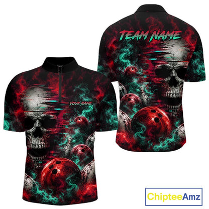 Custom Teal & Red Smoke Skull Bowling Shirts For Men Retro Skull Bowling Tournament Shirt NYN4145