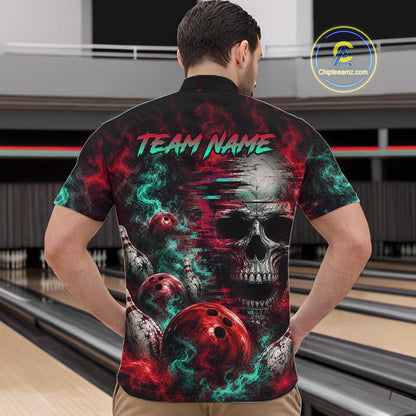 Custom Teal & Red Smoke Skull Bowling Shirts For Men Retro Skull Bowling Tournament Shirt NYN4145