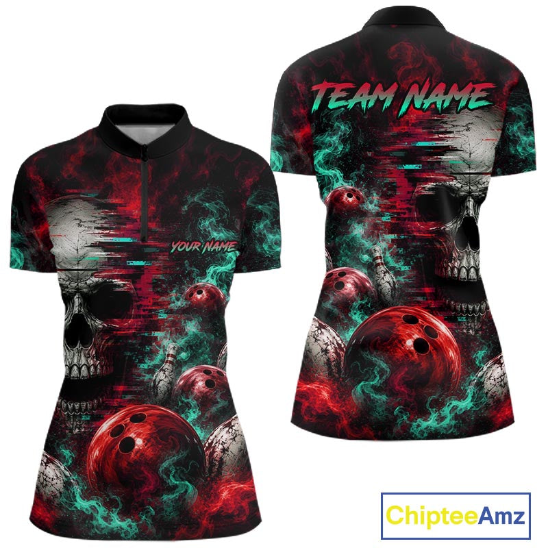 Custom Teal & Red Smoke Skull Bowling Shirts For Women Retro Skull Bowling Tournament Shirt NYN4145