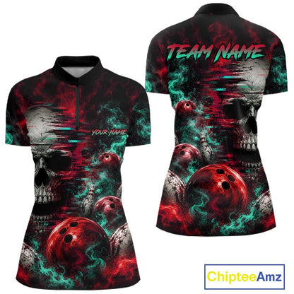 Custom Teal & Red Smoke Skull Bowling Shirts For Women Retro Skull Bowling Tournament Shirt NYN4145