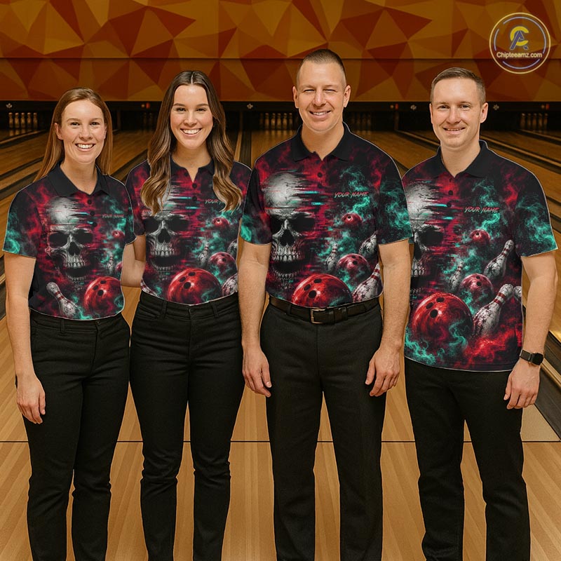Custom Teal & Red Smoke Skull Bowling Shirts For Men Retro Skull Bowling Tournament Shirt NYN4145