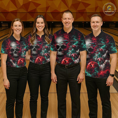 Custom Teal & Red Smoke Skull Bowling Shirts For Men Retro Skull Bowling Tournament Shirt NYN4145