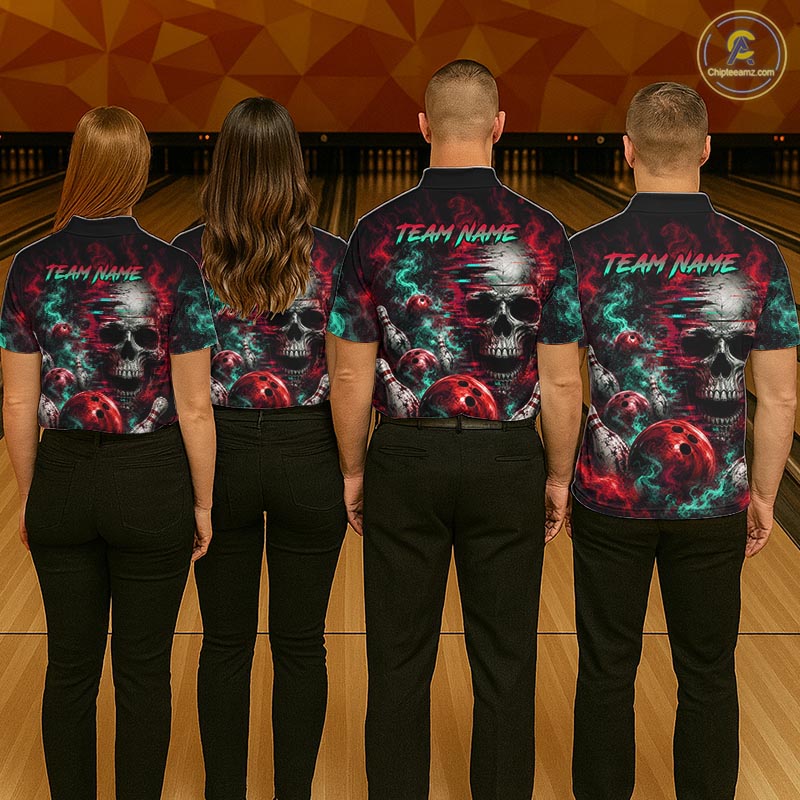 Custom Teal & Red Smoke Skull Bowling Shirts For Men Retro Skull Bowling Tournament Shirt NYN4145