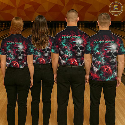 Custom Teal & Red Smoke Skull Bowling Shirts For Men Retro Skull Bowling Tournament Shirt NYN4145