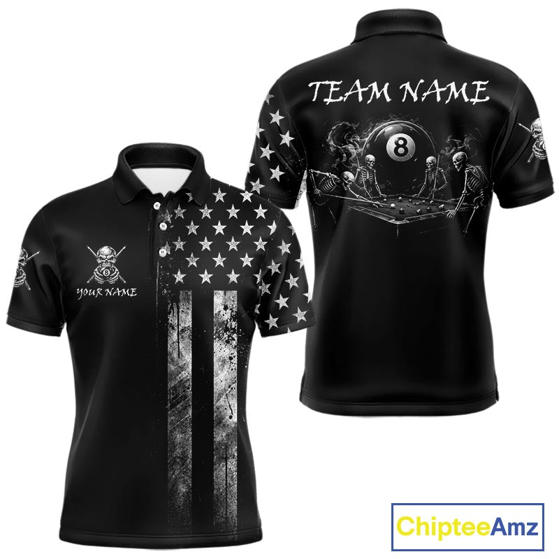 Grey Grunge US Flag Smoke 8 Ball Billiard Pool Shirt For Men Custom Billiard Skeleton Team Apparel NYN4147