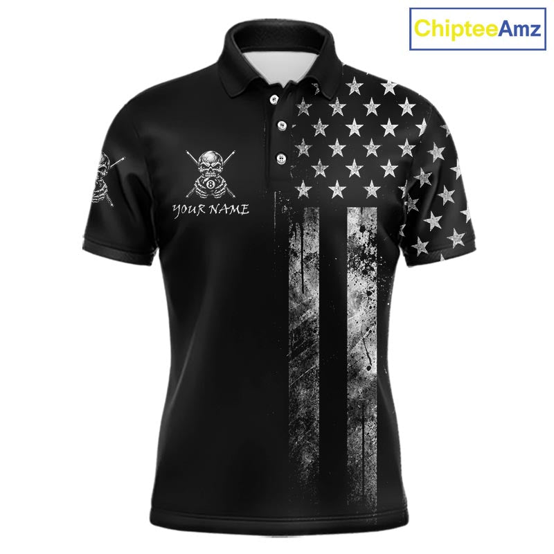 Grey Grunge US Flag Smoke 8 Ball Billiard Pool Shirt For Men Custom Billiard Skeleton Team Apparel NYN4147