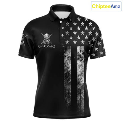 Grey Grunge US Flag Smoke 8 Ball Billiard Pool Shirt For Men Custom Billiard Skeleton Team Apparel NYN4147