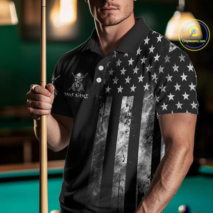 Grey Grunge US Flag Smoke 8 Ball Billiard Pool Shirt For Men Custom Billiard Skeleton Team Apparel NYN4147