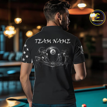 Grey Grunge US Flag Smoke 8 Ball Billiard Pool Shirt For Men Custom Billiard Skeleton Team Apparel NYN4147