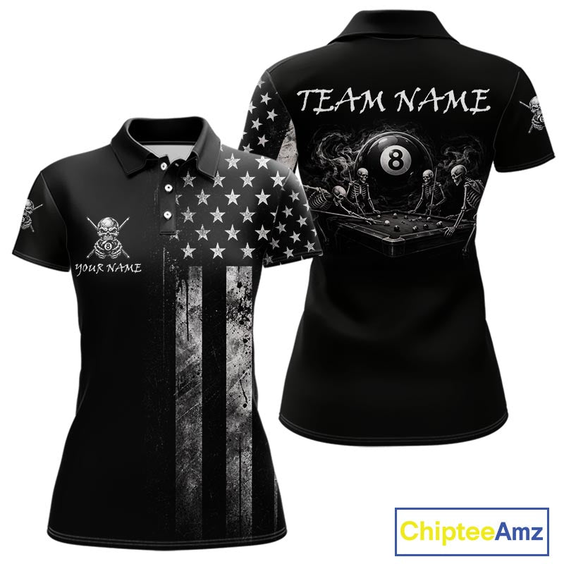 Grey Grunge US Flag Smoke 8 Ball Billiard Pool Shirt For Women Custom Billiard Skeleton Team Apparel NYN4147