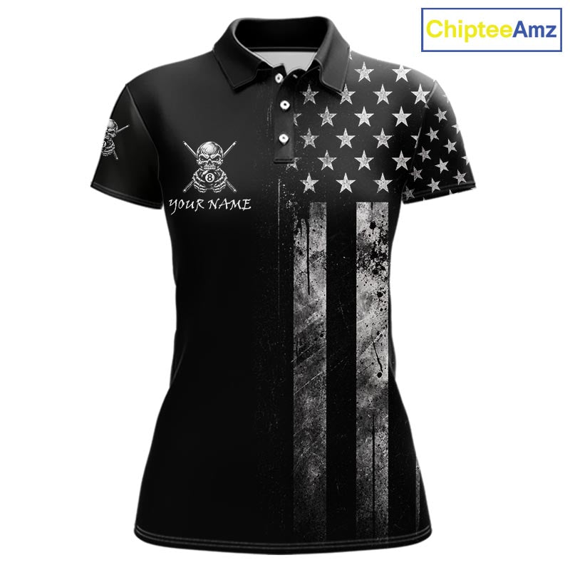 Grey Grunge US Flag Smoke 8 Ball Billiard Pool Shirt For Women Custom Billiard Skeleton Team Apparel NYN4147