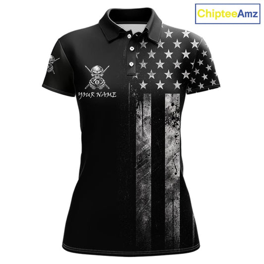 Grey Grunge US Flag Smoke 8 Ball Billiard Pool Shirt For Women Custom Billiard Skeleton Team Apparel NYN4147