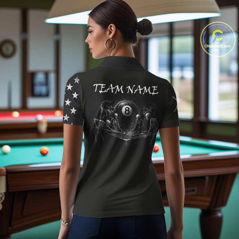 Grey Grunge US Flag Smoke 8 Ball Billiard Pool Shirt For Women Custom Billiard Skeleton Team Apparel NYN4147