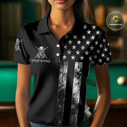 Grey Grunge US Flag Smoke 8 Ball Billiard Pool Shirt For Women Custom Billiard Skeleton Team Apparel NYN4147
