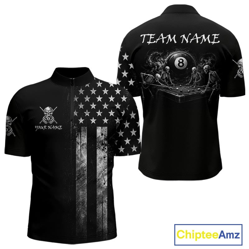 Grey Grunge US Flag Smoke 8 Ball Billiard Pool Shirt For Men Custom Billiard Skeleton Team Apparel NYN4147