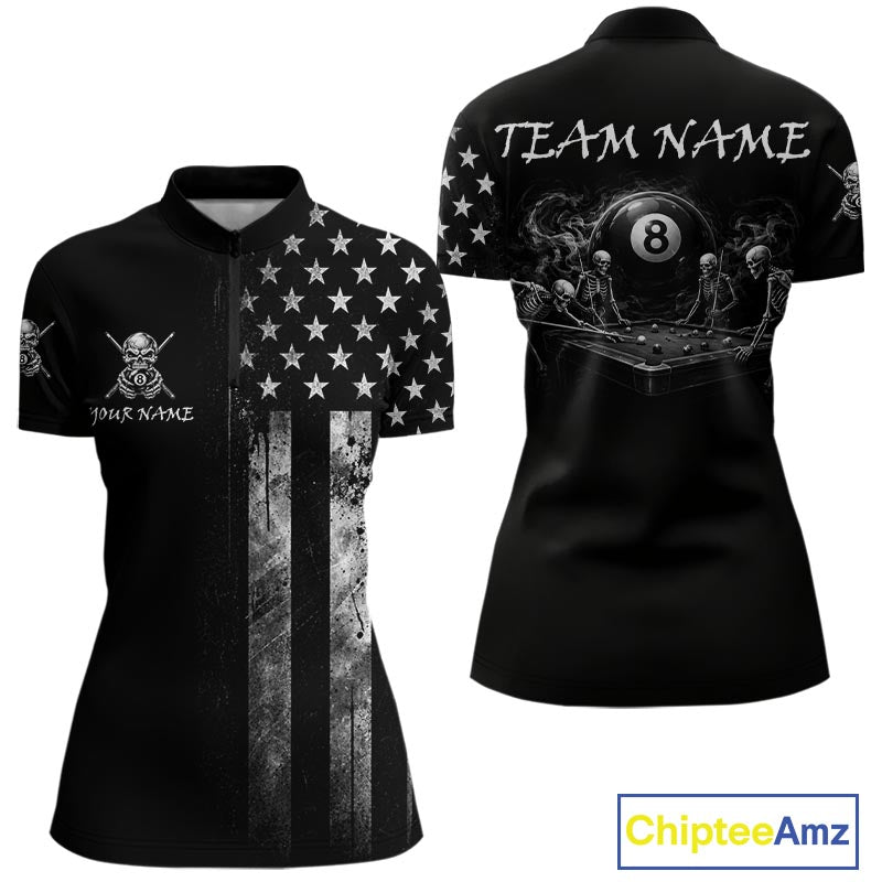 Grey Grunge US Flag Smoke 8 Ball Billiard Pool Shirt For Women Custom Billiard Skeleton Team Apparel NYN4147
