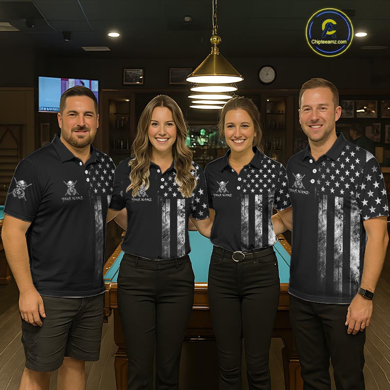 Grey Grunge US Flag Smoke 8 Ball Billiard Pool Shirt For Men Custom Billiard Skeleton Team Apparel NYN4147