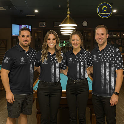 Grey Grunge US Flag Smoke 8 Ball Billiard Pool Shirt For Men Custom Billiard Skeleton Team Apparel NYN4147