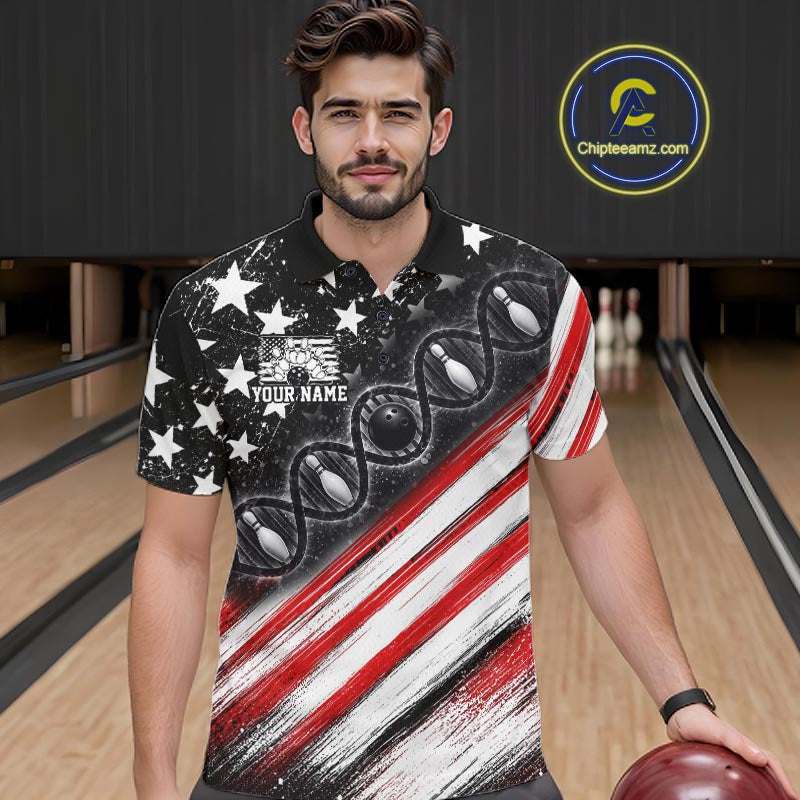 Custom Bowling Is In My Dna Bowling Shirt For Men US Flag Patriot Bowling Team Uniform | Red NYN4152